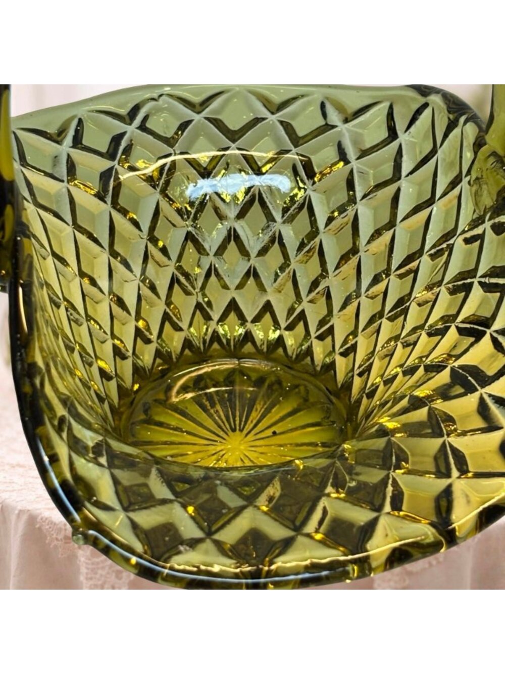 Vintage Indiana Glass Olive Green Diamond Point Handled Basket 7 inches MCM - Picture 4 of 10
